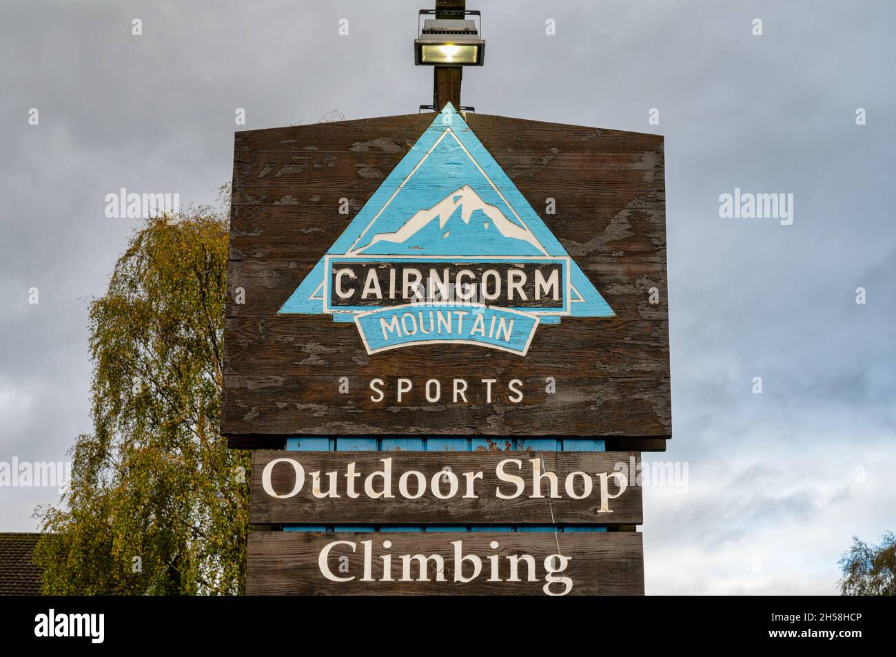 Aviemore, Scotland- Oct 18, 2021: The sign for Cairngorm Mountain Sports store in Aviemore Stock Photo