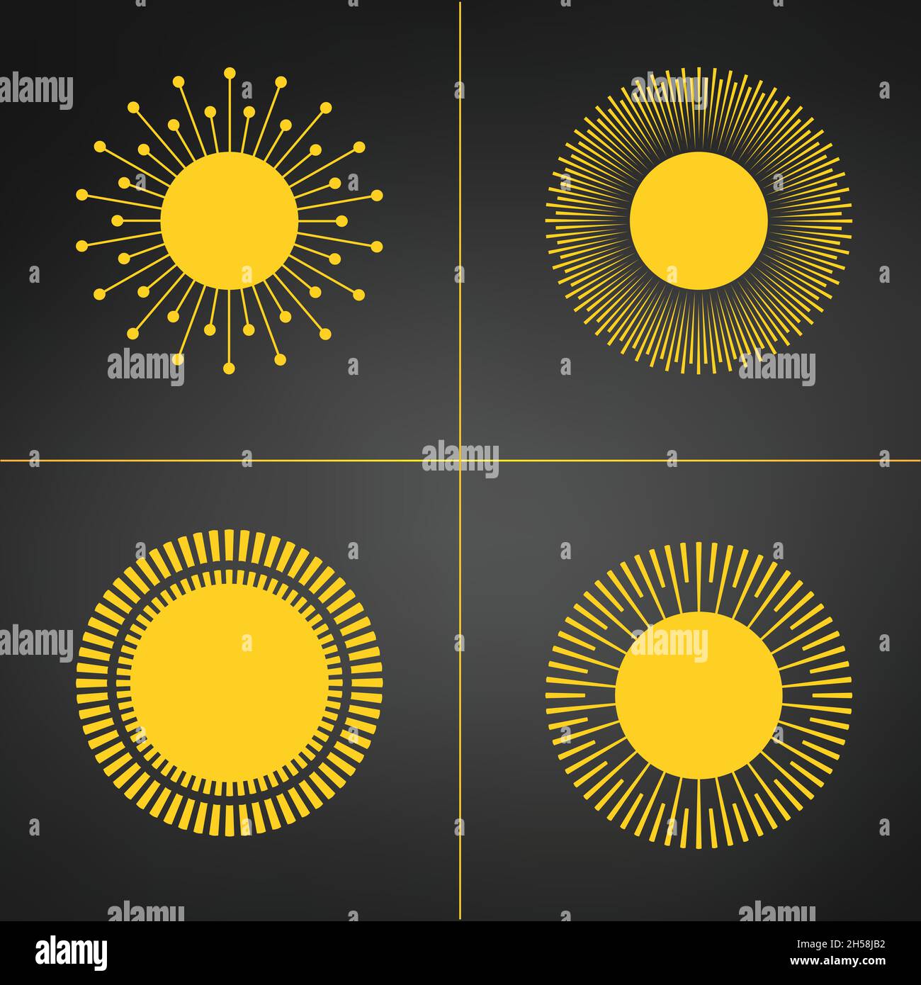 Yellow Sun burst icon or logo set. Modern simple flat sunlight, sign. Business, internet concept. Trendy vector summer symbol. Logo Vector Stock Vector