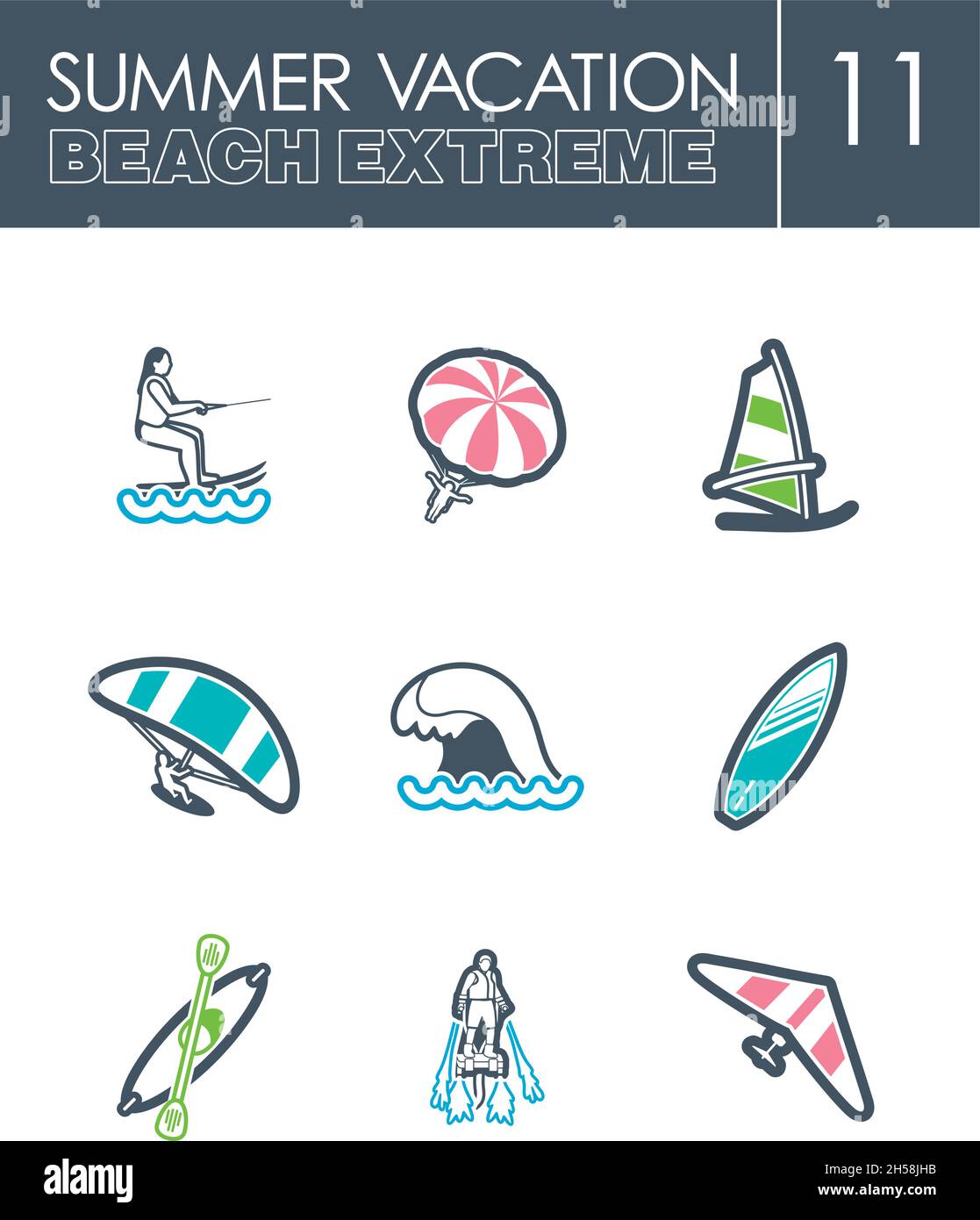 Extreme Water Sport beach outline vector icon set. Summer time ...