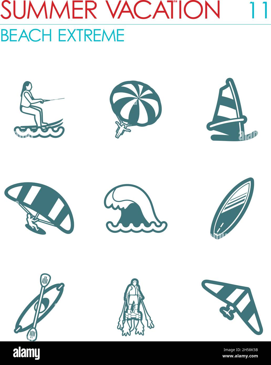 Extreme Water Sport beach outline vector icon set. Summer time ...