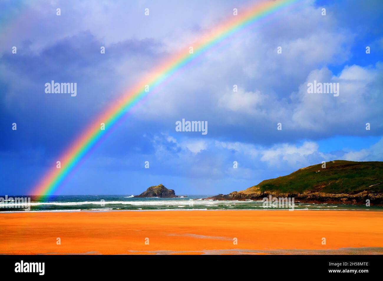 Rainbow at Crantock beach Cornwall England UK colourful multicoloured Stock Photo