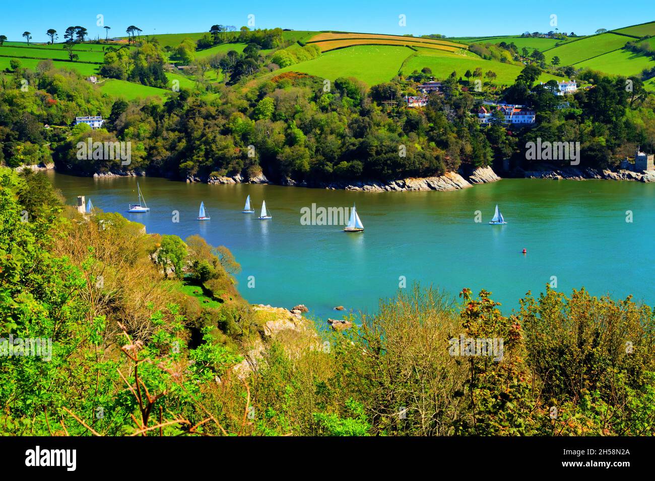 Yachts sailing Devon coast calm blue sea Dart estuary near Dartmouth in beautiful weather with colourful countryside Stock Photo