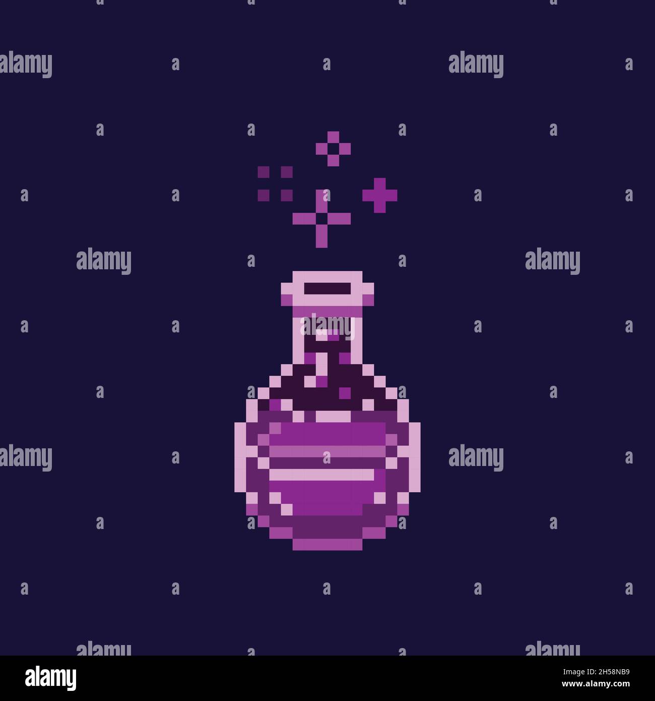 Pixel art potion sparkling purple poison bottle, game design retro 8 bit sprite asset isolated Stock Vector