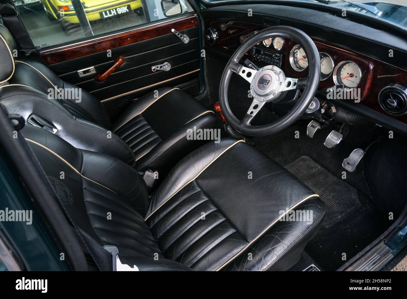 black leather interior of a classic Austin Mini  Cooper Stock Photo
