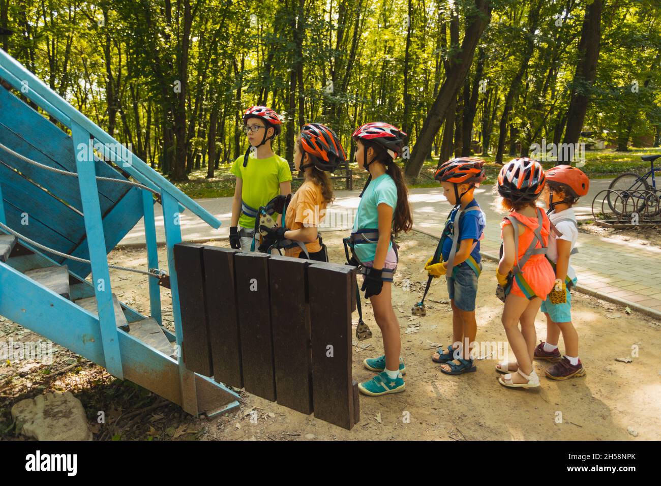 The group of kids in protective gear before start the competition Stock