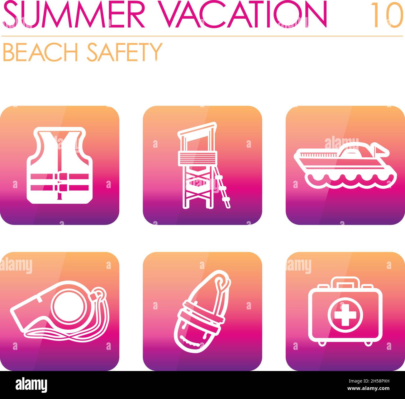 Lifeguard beach safety outline vector icon set. Summer time. Vacation ...