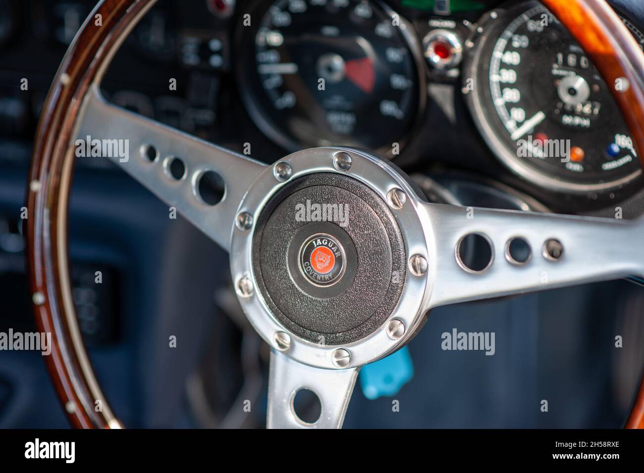 Jaguar E Type wood rimmed steering wheel Stock Photo