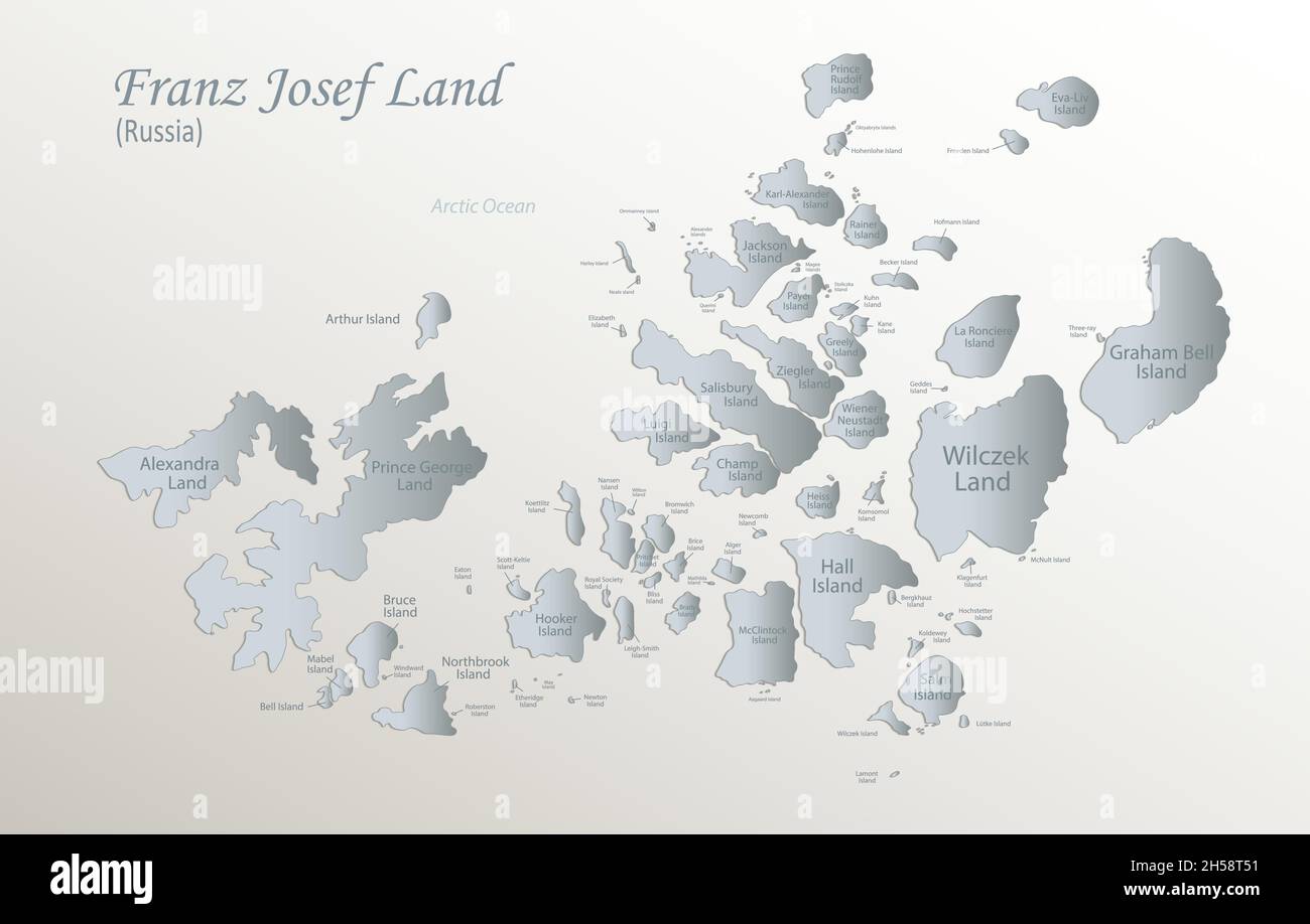 Franz Josef Land map, administrative division with names, white blue