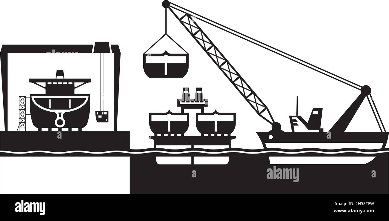 Heavy lift crane carry parts to shipyard – vector illustration Stock Vector