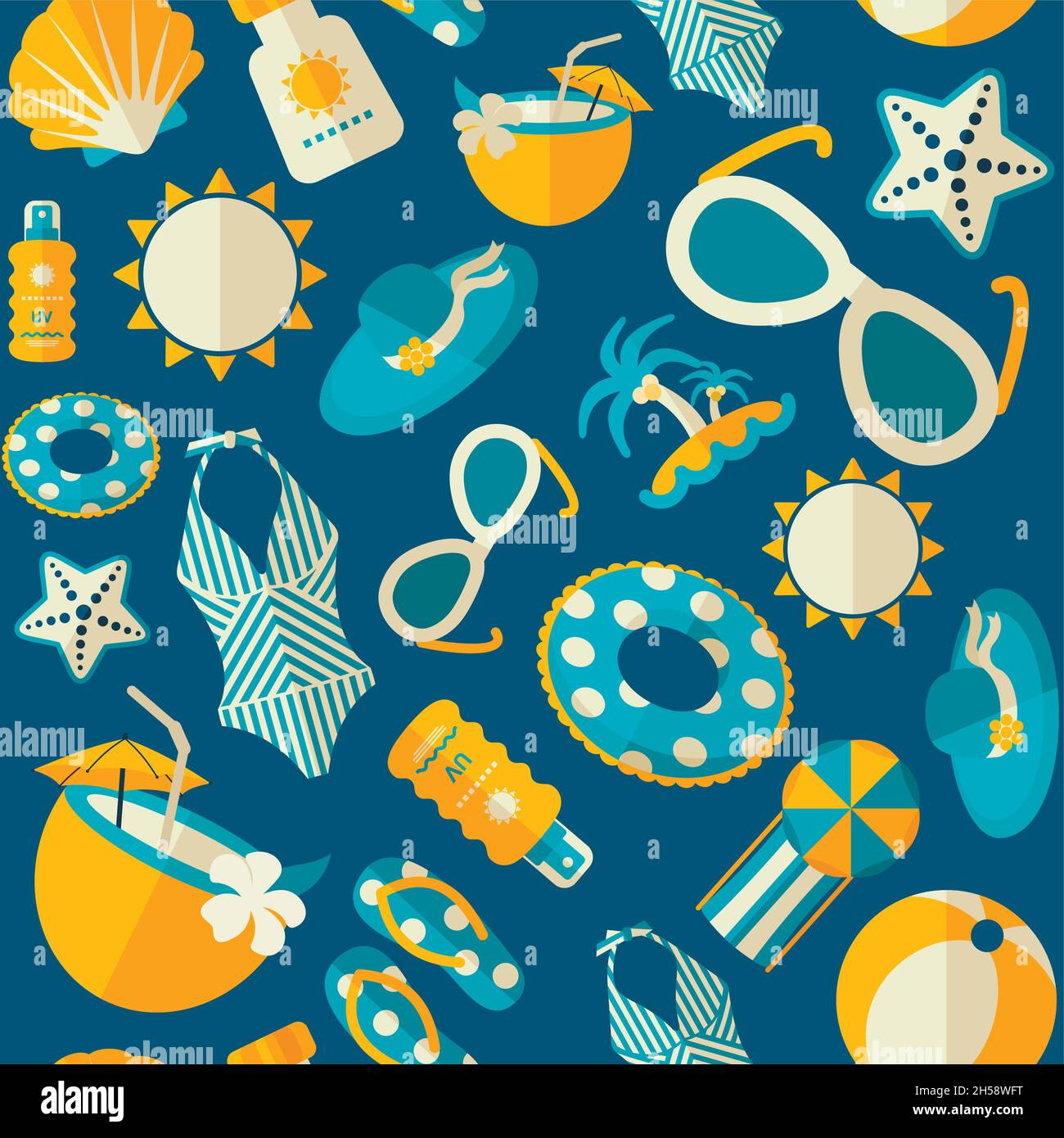 Summer vector seamless pattern with beach accessories. Beach. Summertime. Holiday. Vacation Stock Vector