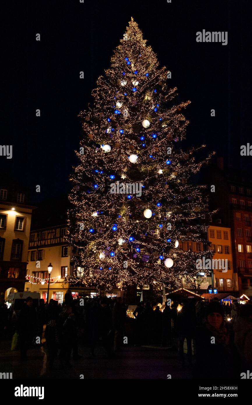 The big Christmas tree of the place Kleber in Strasbourg. The traditional tree decorates the largest square in downtown Strasbourg during the Christma Stock Photo