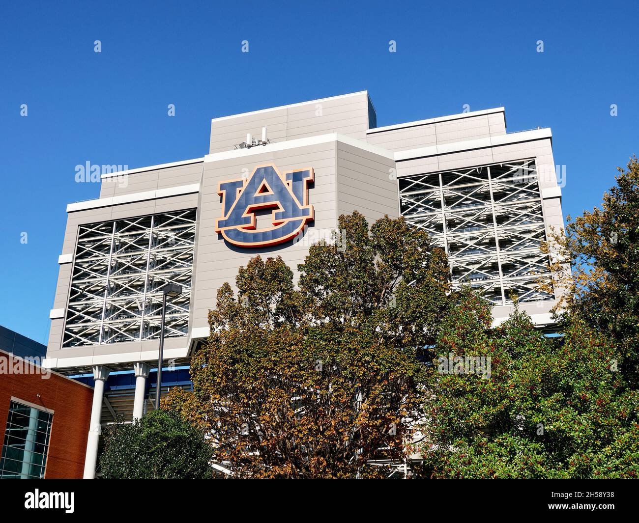 Auburn University Jordan-Hare football stadium exterior entrance with the Auburn Tigers logo in Auburn Alabama, USA. Stock Photo