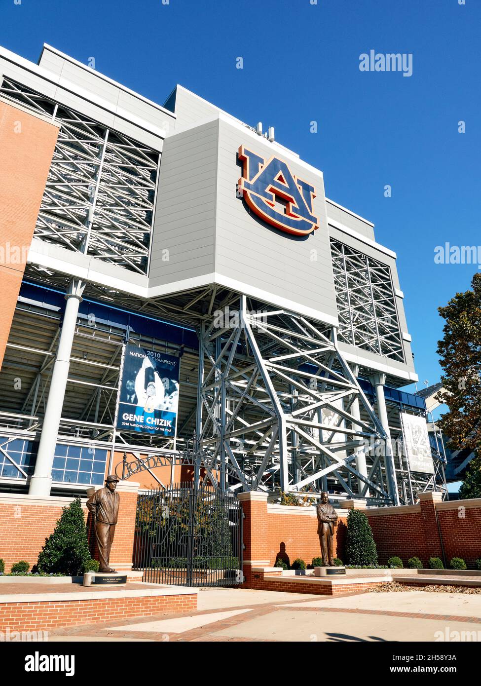 Auburn University Jordan-Hare football stadium exterior entrance with the Auburn Tigers logo in Auburn Alabama, USA. Stock Photo