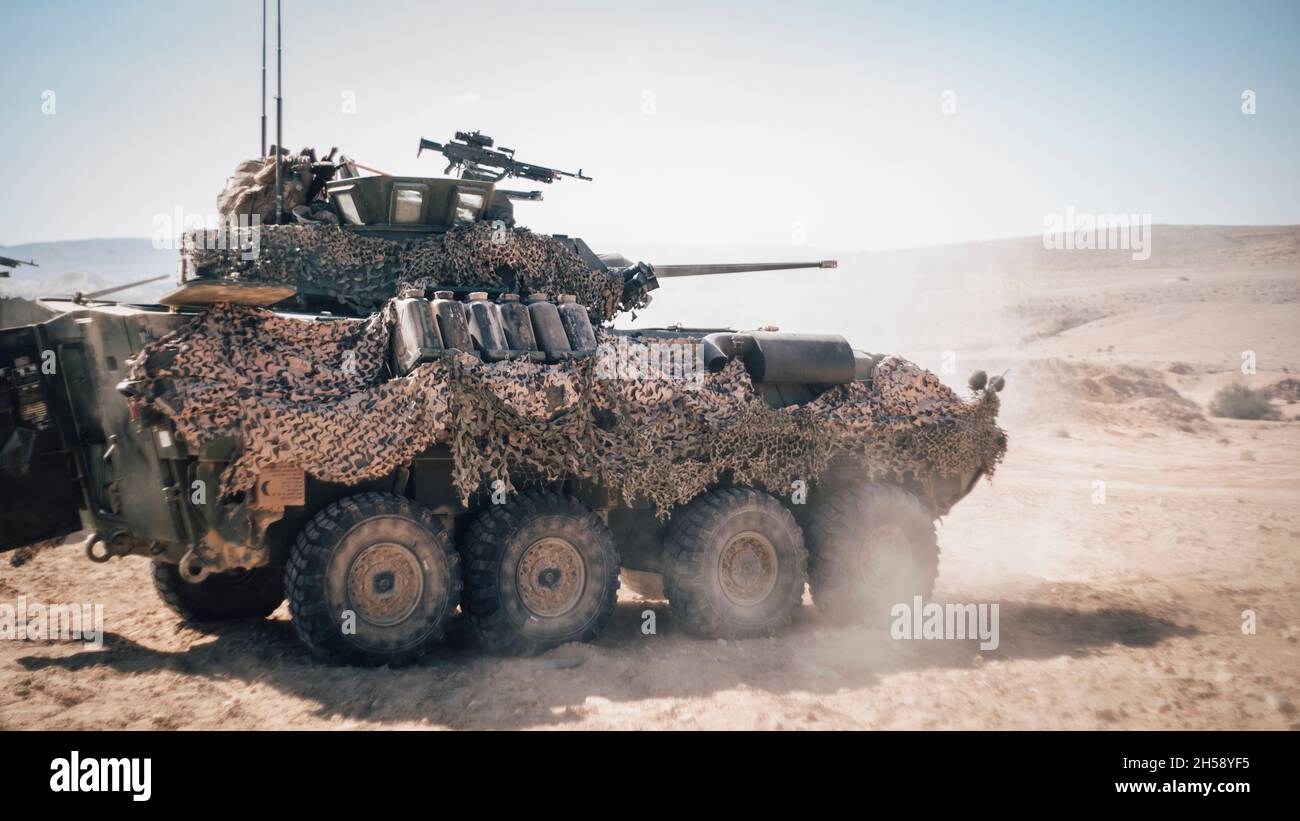 Bislah, Israel. 03 November, 2021. U.S. Marines assigned to Light Armored Reconnaissance Company, 11th Marine Expeditionary Unit, fire the main gun on an LAV-25 armored vehicle during an Israeli interoperability exercise at Bislah Training Center November 3, 2021 in Bislah, Israel. Credit: SSgt. Donald Holbert/US Marines Photo/Alamy Live News Stock Photo