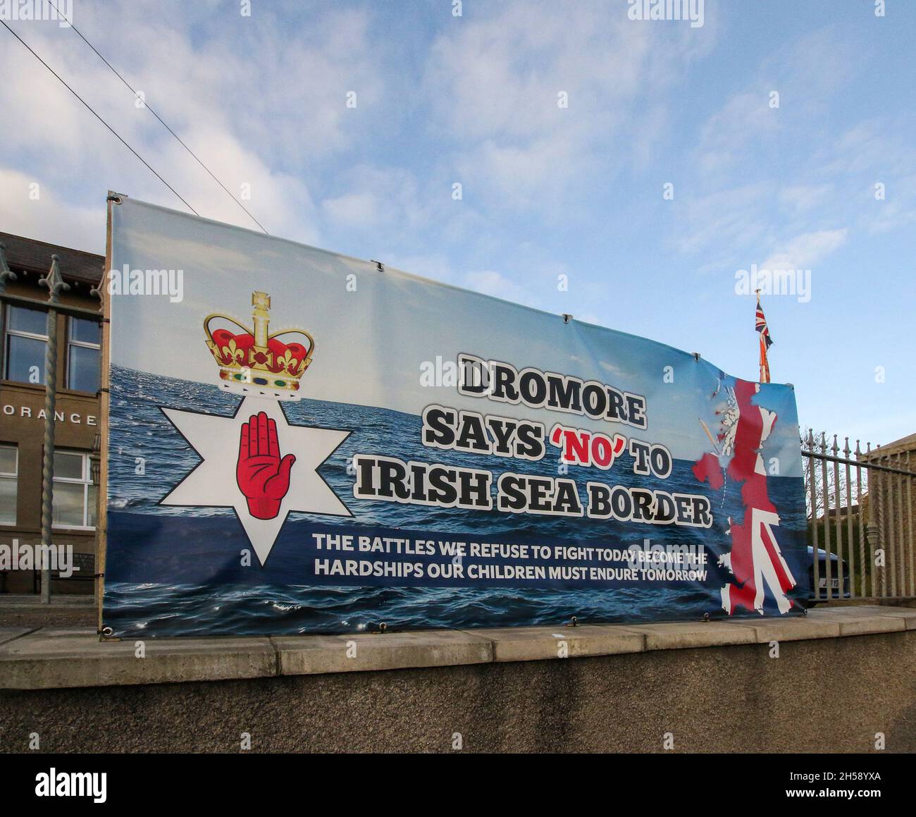 Opposition to Irish Sea border in Northern Ireland. Unionist Loyalist opposition banner on Irish Sea border and Northern Ireland protocol post-Brexit Stock Photo