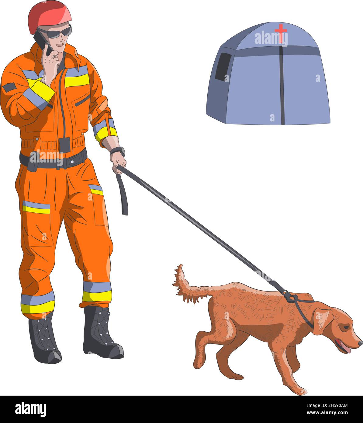 A man rescuer in a red overalls and hard hat with a rescue dog on a