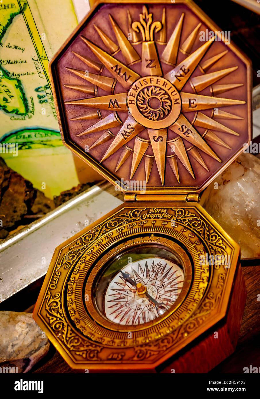 A Cardan or marine compass is pictured at the Fort of Colonial Mobile, Nov. 6, 2021, in Mobile, Alabama. Stock Photo