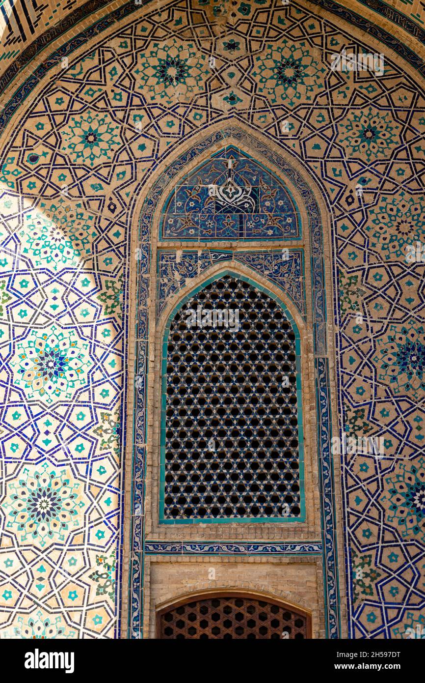 Ornamental tile detail, window on Mausoleum of Khoja Ahmed Yasawi (14 century).Main attraction for muslims and tourists in Turkistan Stock Photo