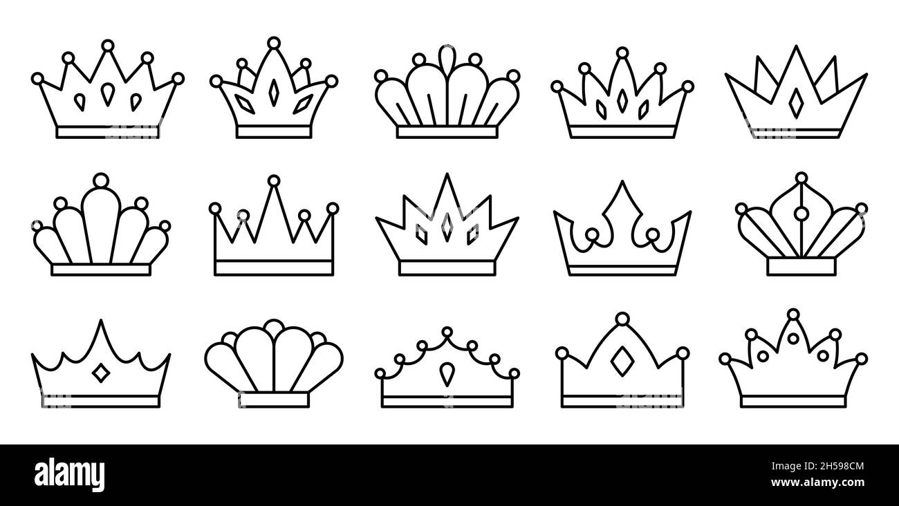 Crown royal jewel heraldry black line set. Ruler champion winner symbol. Headdress king queen prince princess. Ruler logo hotel business card design. Icon kingdom leader award isolated on white Stock Vector