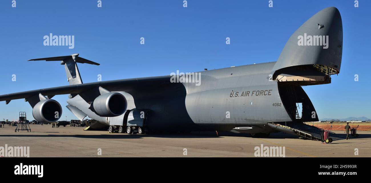 Tucson, USA - November 6, 2021: A U.S. Air Force C-5 Galaxy cargo plane on a runway at Davis-Monthan Air Force Base. Stock Photo