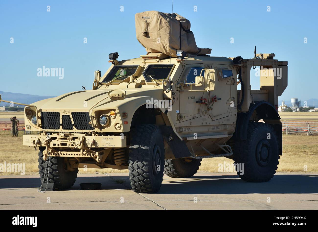 Tucson, USA - November 6, 2021: The Oshkosh Mine-Resistant Ambush Protected (MRAP) truck is used by the U.S. military for troop transportation. Stock Photo