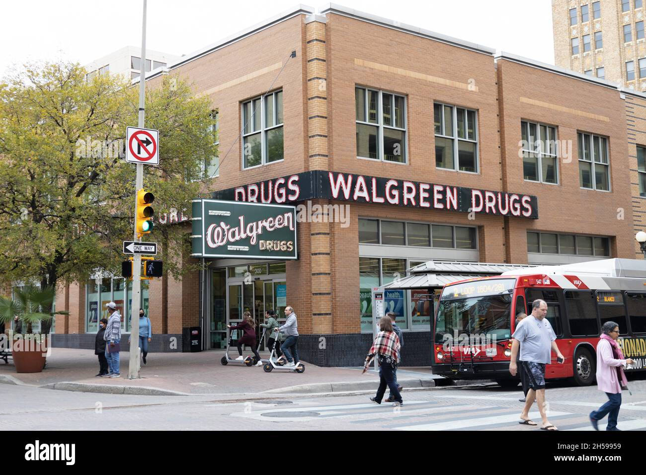 Historic Walgreen Drugs signs in downtown San Antonio, Texas. Stock Photo