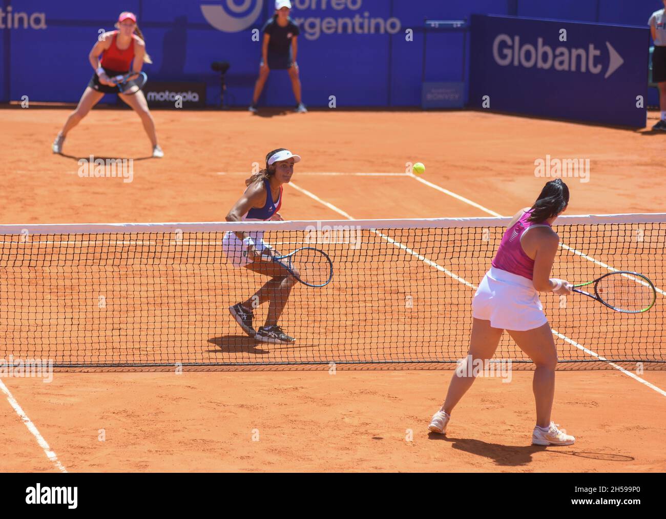 Ekaterine Gorgodze (Georgia) vs. Lourdes Carle (Argentina) and Despina Papamichail (Greece). Argentina Open WTA 2021, Doubles final Stock Photo