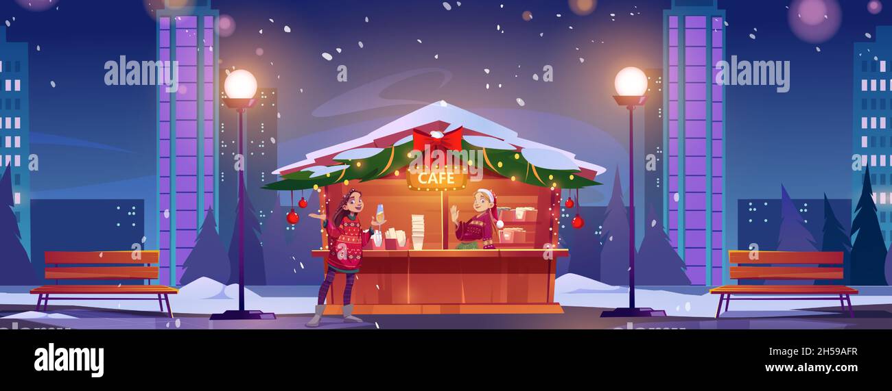 Street cafe with Christmas decoration and happy girls in ugly sweaters at night. Vector cartoon illustration of winter city landscape with market stall and young women with champagne and red santa hat Stock Vector