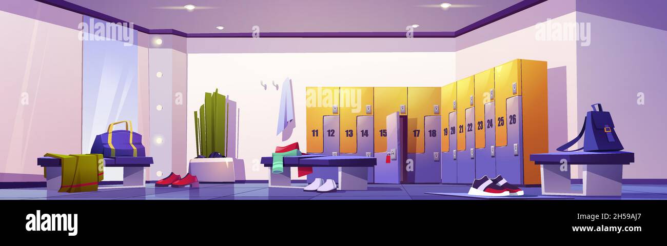 Locker room in gym, sport club or school stadium. Vector cartoon interior of changing room with individual cabinets, benches with clothes, shoes, bags and big mirror. Dressing place in fitness center Stock Vector