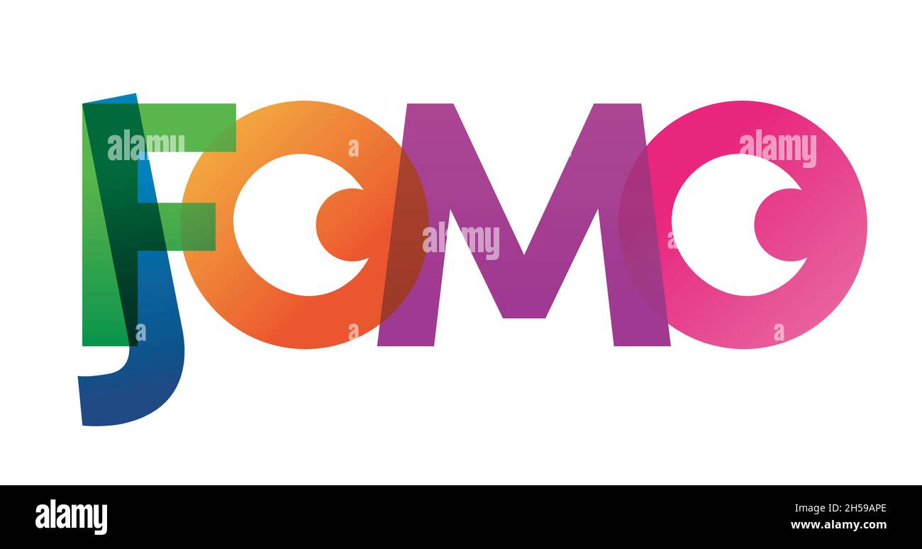JOMO FOMO word vector illustration. Joy Fear Of Missing Out. Colored rainbow text. Vector banner. Corporate concept. Gradient Text. Transparency Letters. Vector illustration Stock Vector