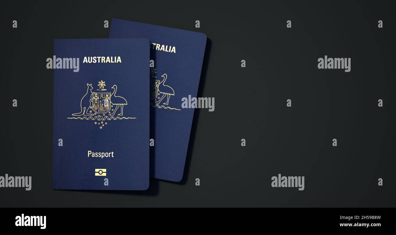 Australia passport. Passport from different countries with dark backgrounds 3d rendering. Stock Photo