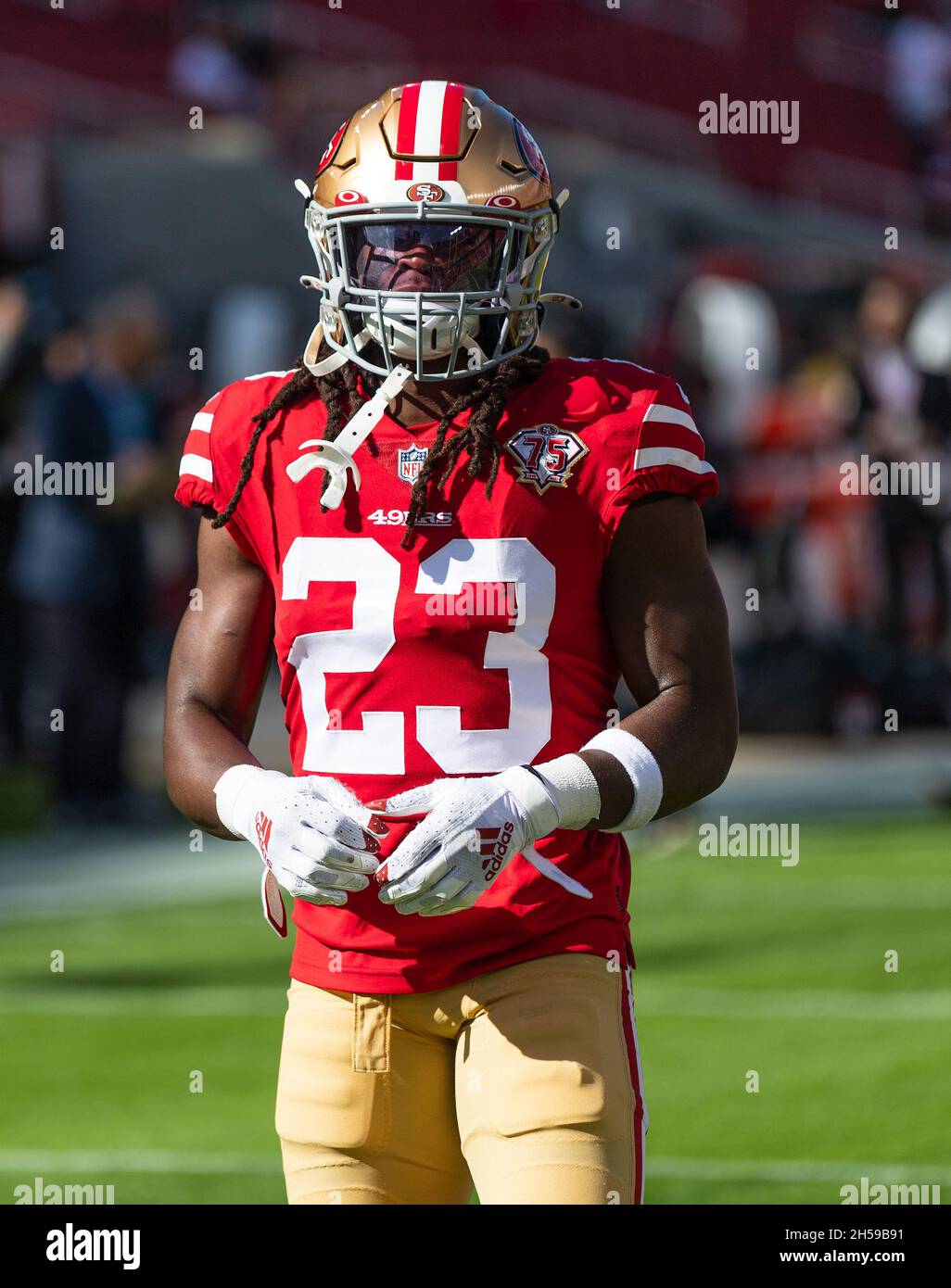 November 07, 2021: San Francisco 49ers running back JaMycal Hasty (23)  performs infield drills, prior to a NFL football game between the Arizona  Cardinals and the San Francisco 49ers at the Levi's