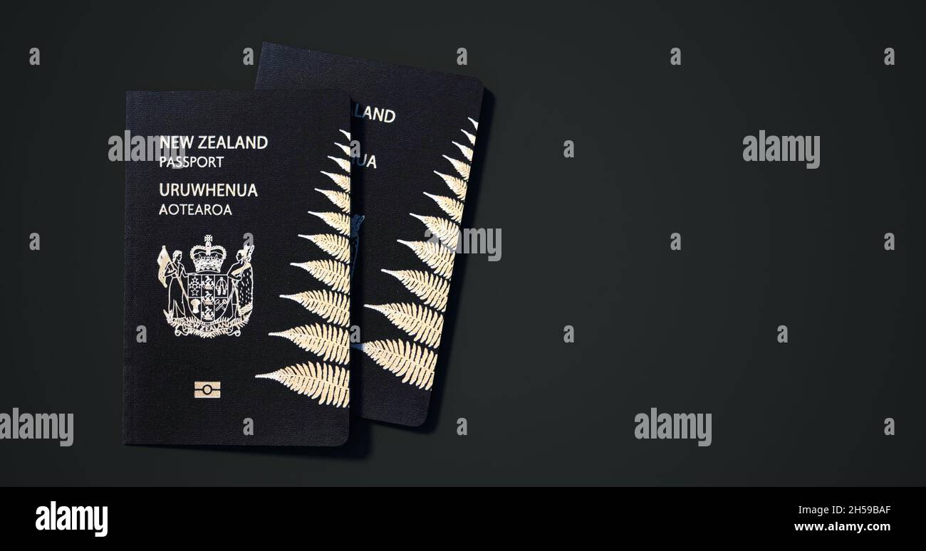 New Zealand passport. Passport from different countries with dark backgrounds 3d rendering Stock