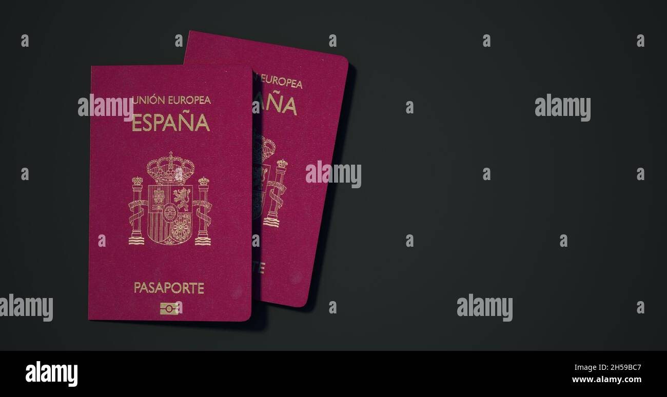 Spain passport. Passport from different countries with dark backgrounds 3d rendering. Stock Photo