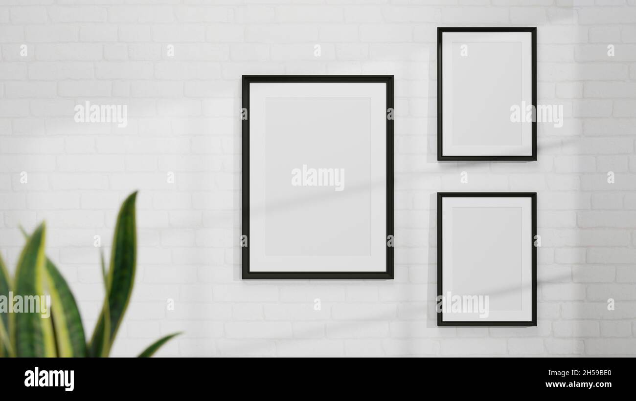 Modern poster frames mockup interior on white wall with minimal house ...