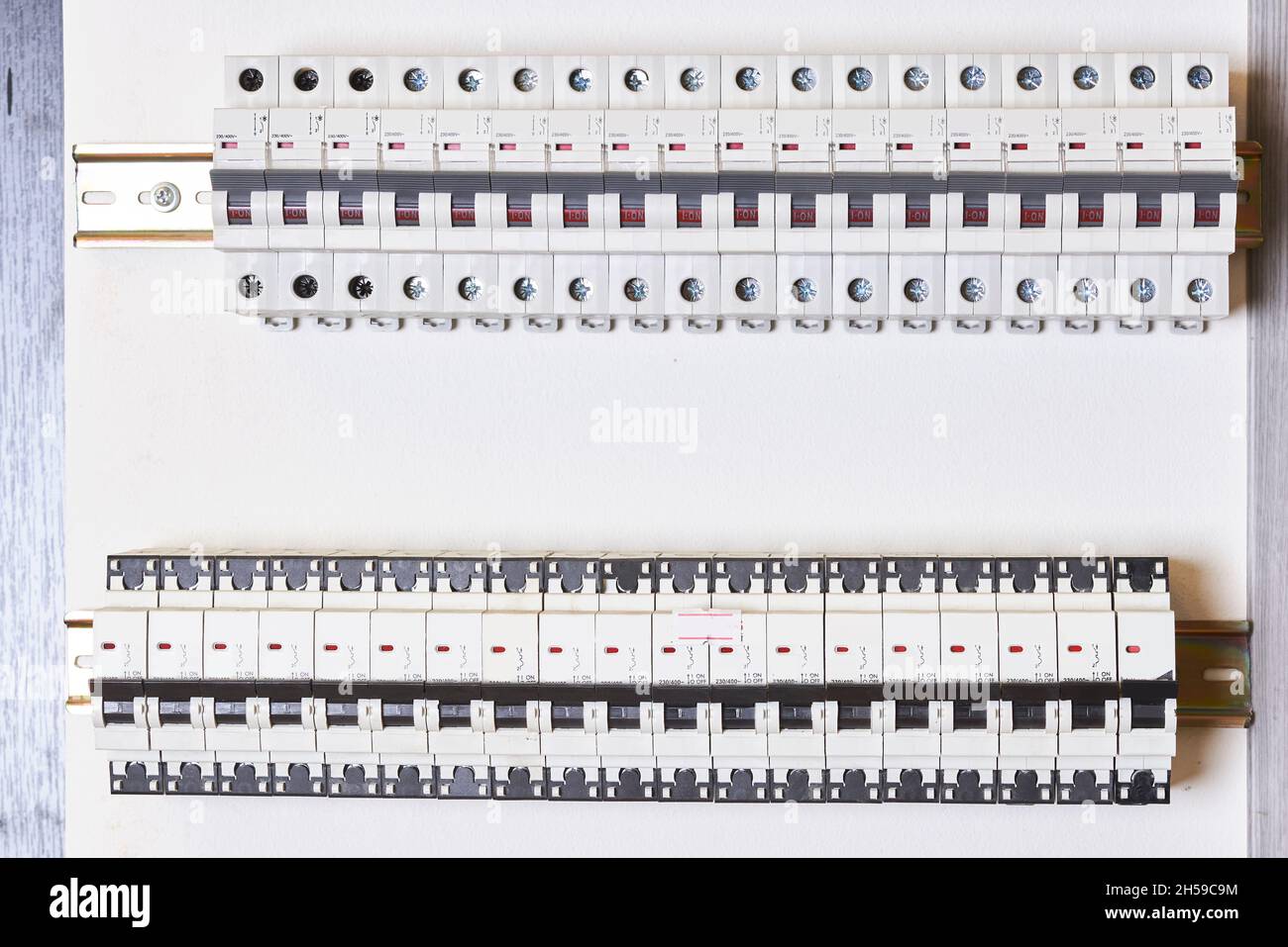 Electrical Circuit Breakers. RCD circuit breaker board with many