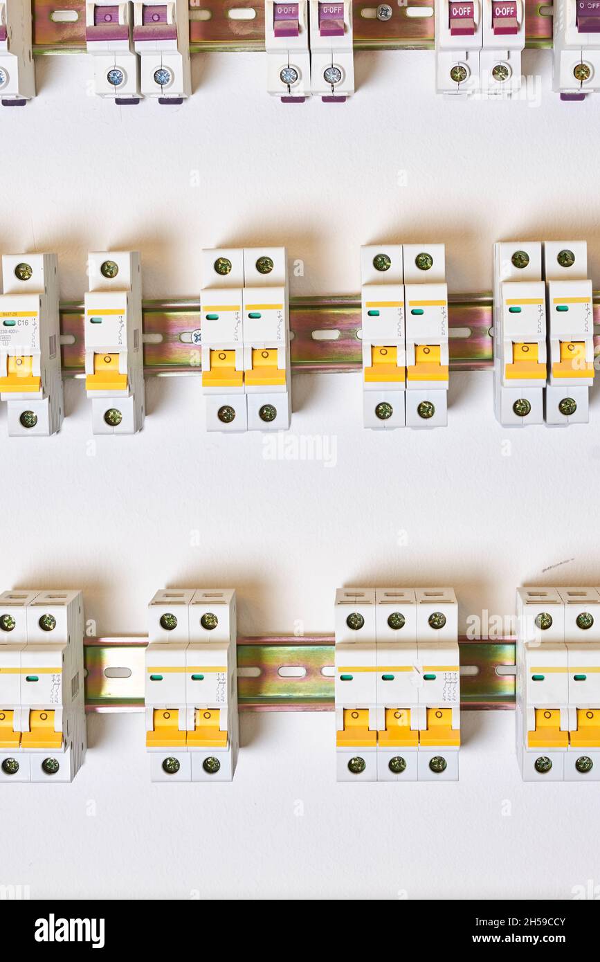 Electrical Circuit Breakers. RCD circuit breaker board with many