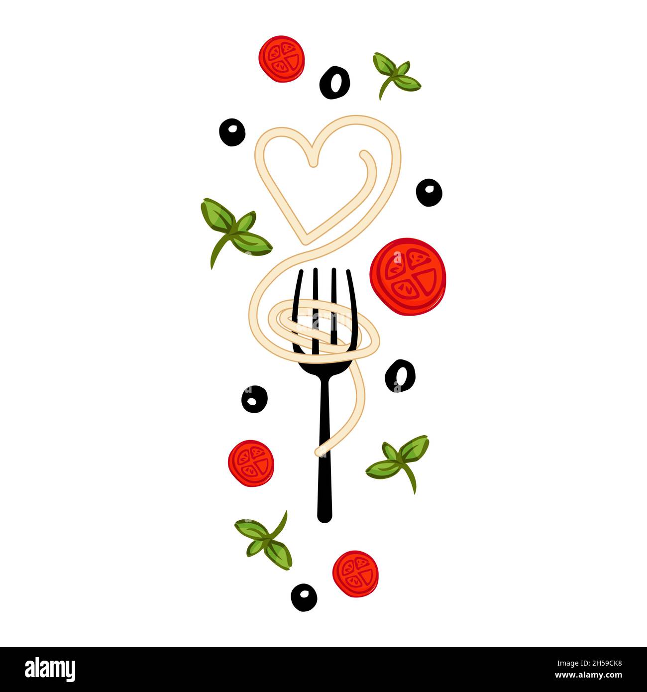 Spaghetti on fork illustration with decor. Isolated on white background