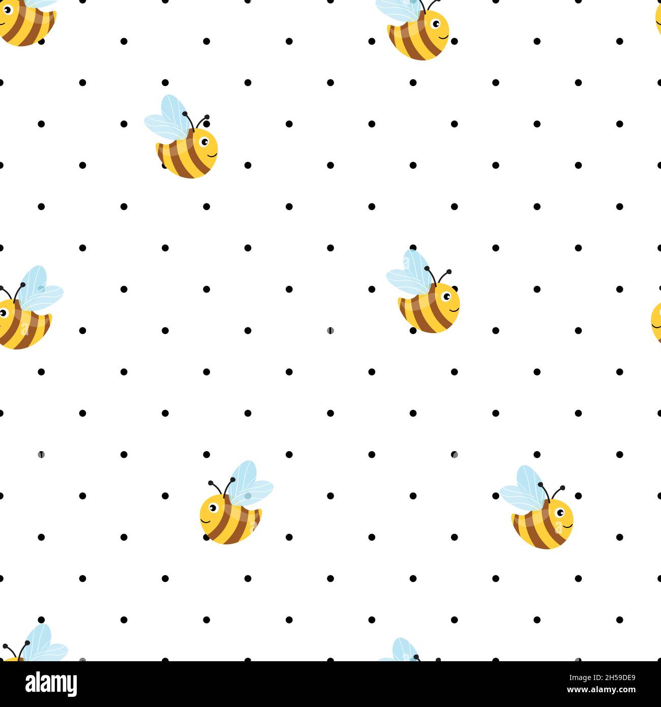 Seamless pattern with bees on white polka dots background. Small wasp ...