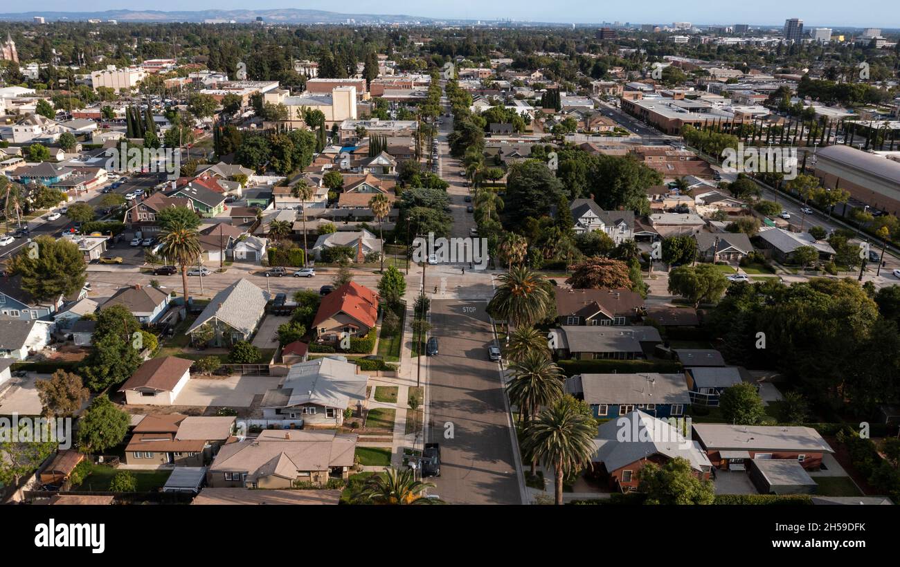 Daytime aerial view of the historic skyline of the city of Orange, California, USA. Stock Photo