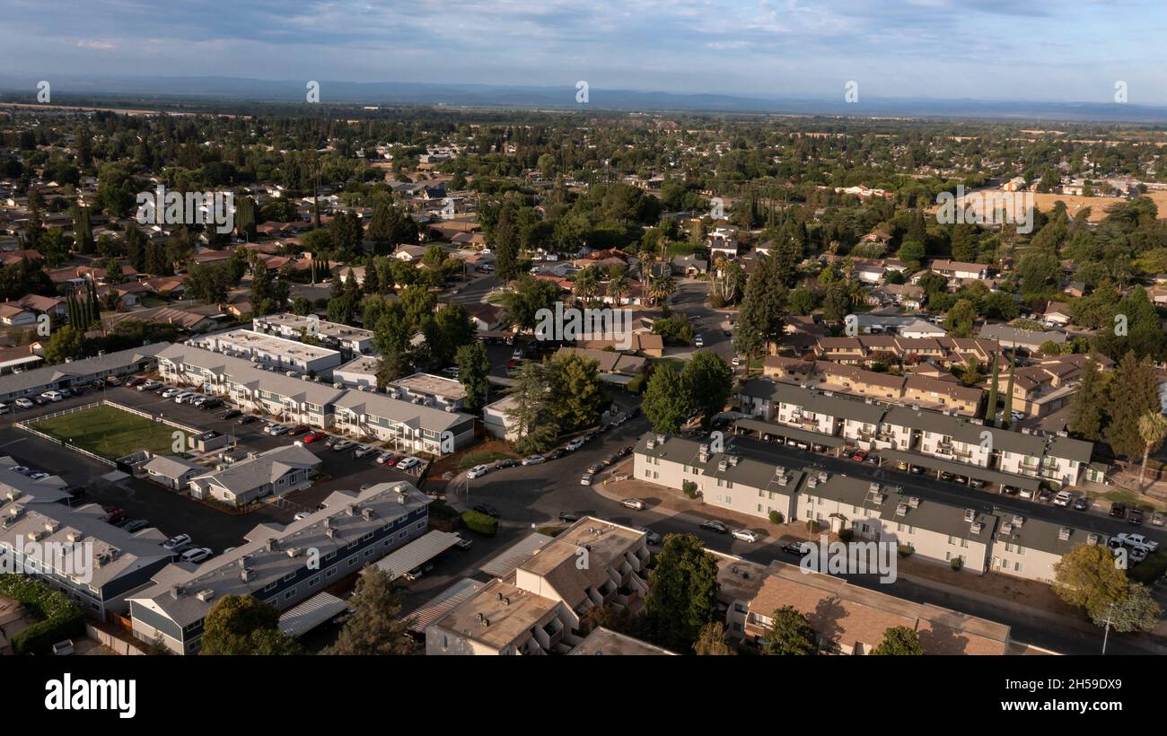 Afternoon aerial view of the urban core of downtown Yuba City