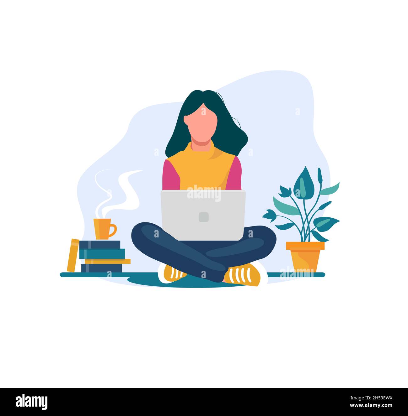 young girl sitting on the floor on the carpet with a laptop. A happy female freelancer working remotely in isolation. Cheerful girl hot tea, coffee. Stock Vector