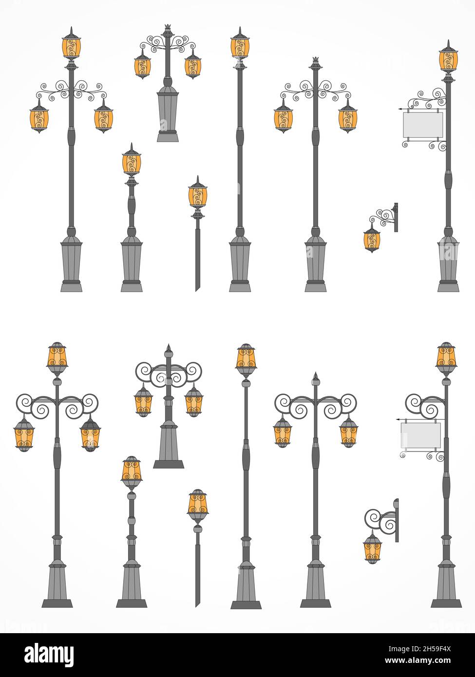 Vector set of street lights. Collection in flat style. Сolorful Stock