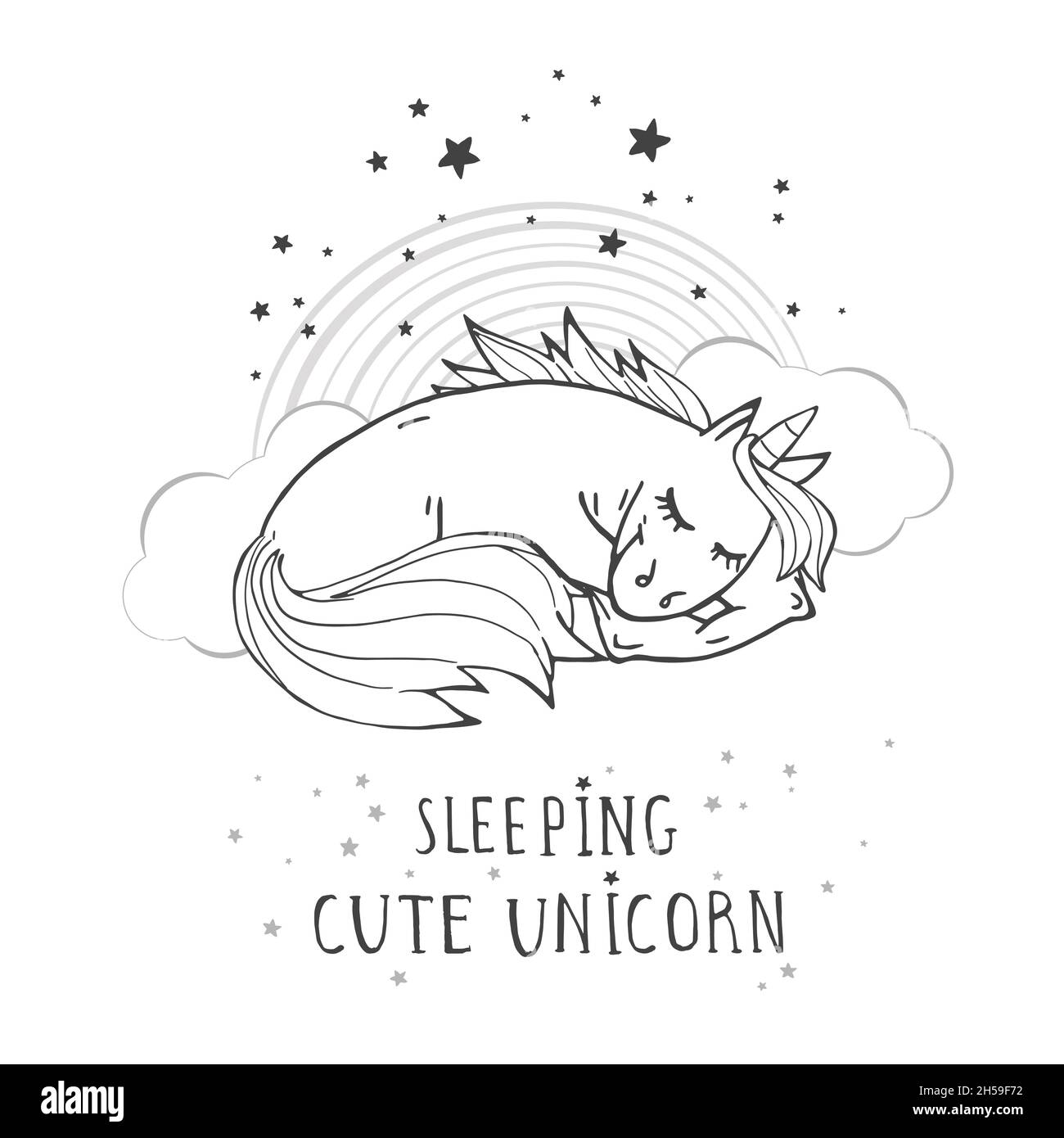Vector illustration of hand drawn cute sleeping unicorn with stars ...