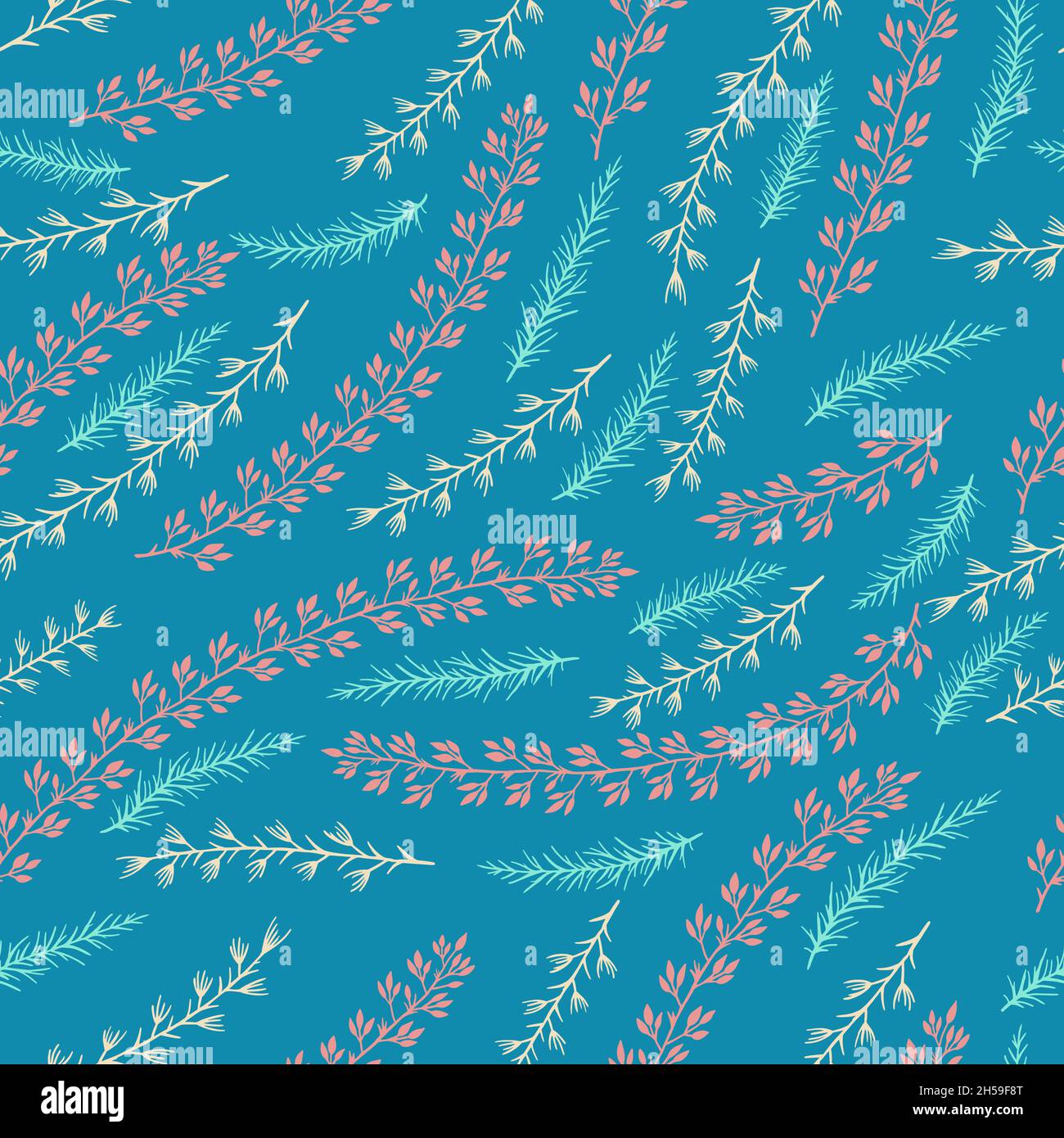 Vector seamless pattern with hand drawn floral elements. In blue and pink colors. Stock Vector