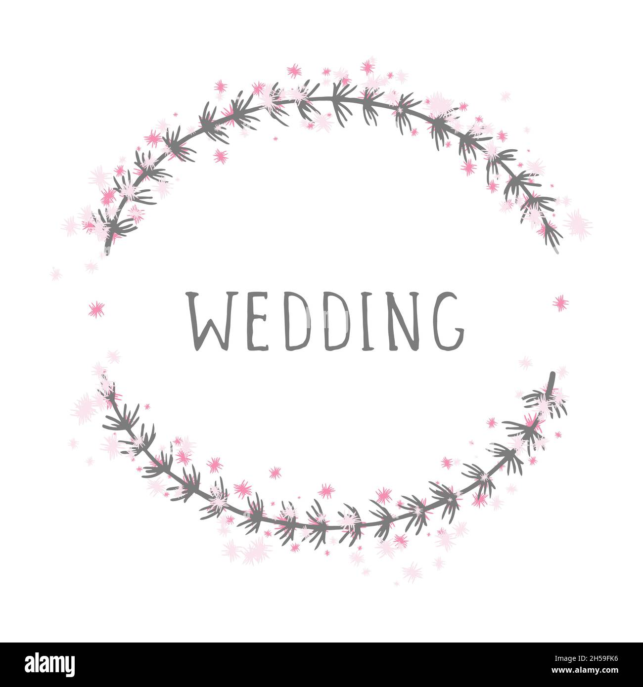 Vector hand drawn illustration of text WEDDING and floral round frame ...