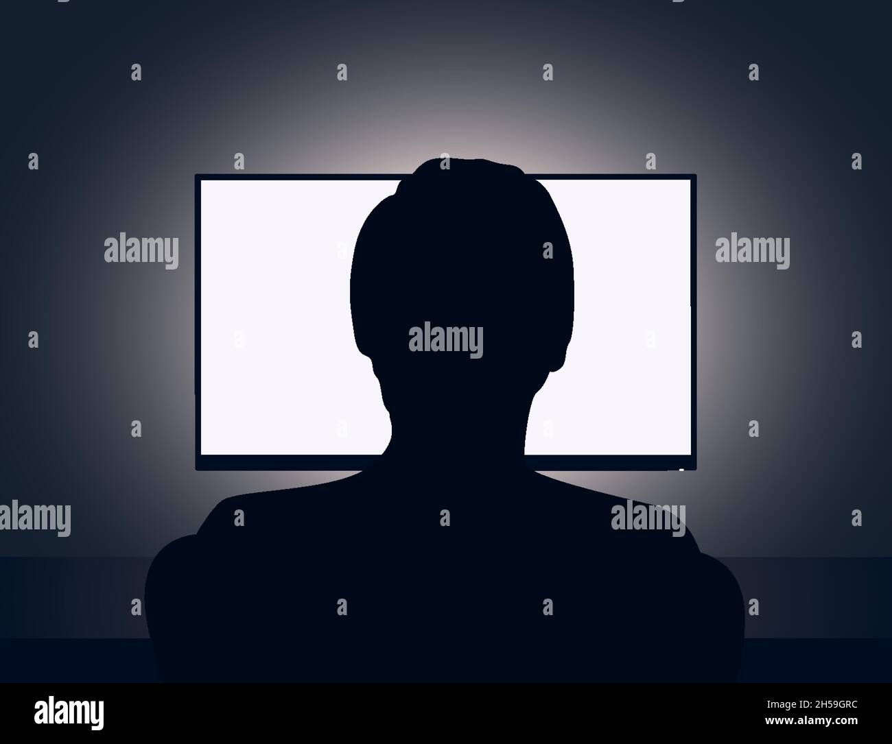 Vector illustration of man sits in front of a blank monitor in dark room Stock Vector