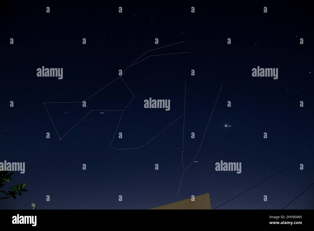 Constellation of zodiac sign Taurus and constellation Orion Stock Photo