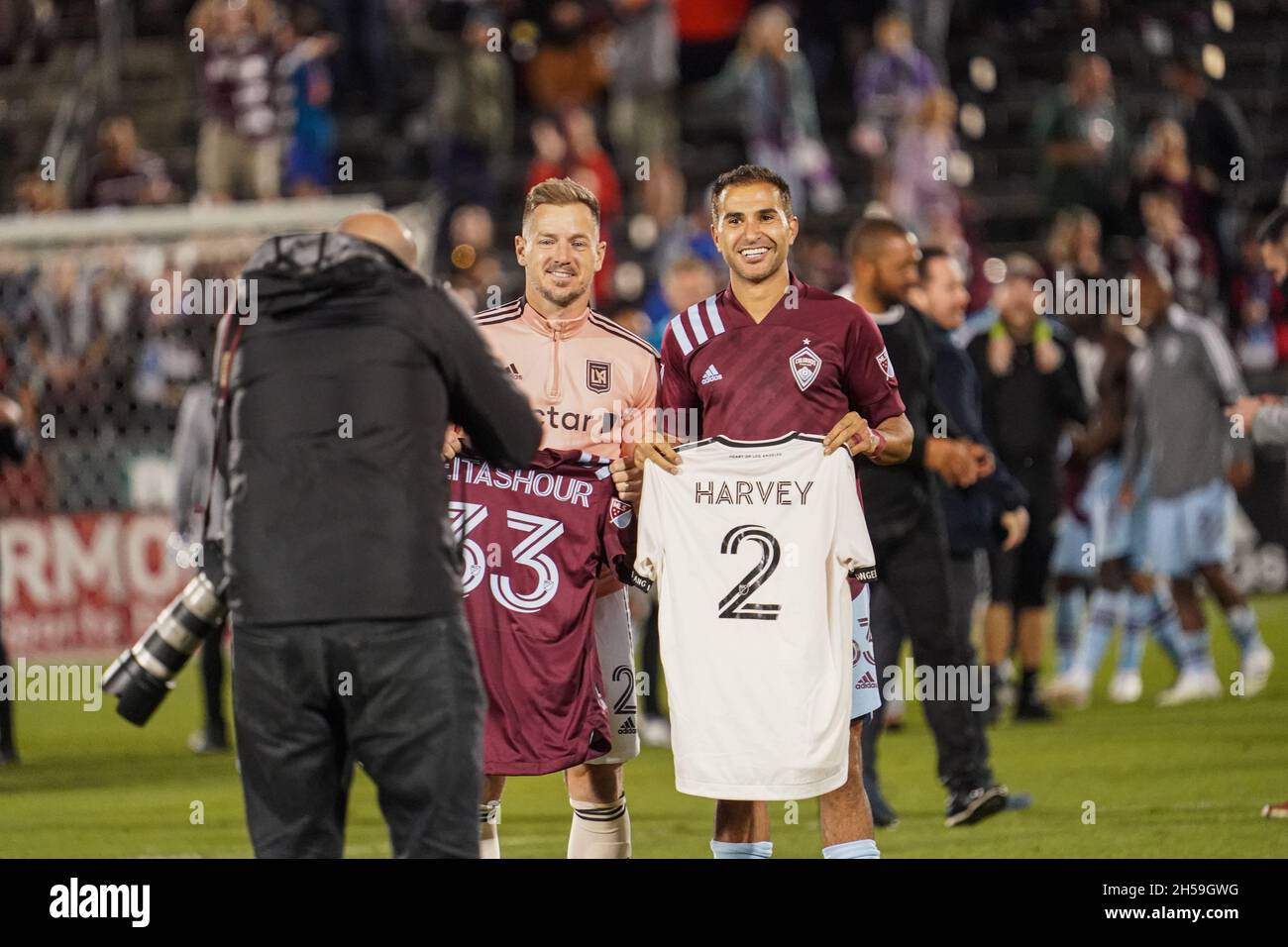 Denver Colorado USA November 7 2021 Los Angeles FC player Jordan Harvey 2 and Colorado Rapids player Steven Beitashour 33 exchange Jersey after the match at Dick s Sporting Goods Park Photo Credit