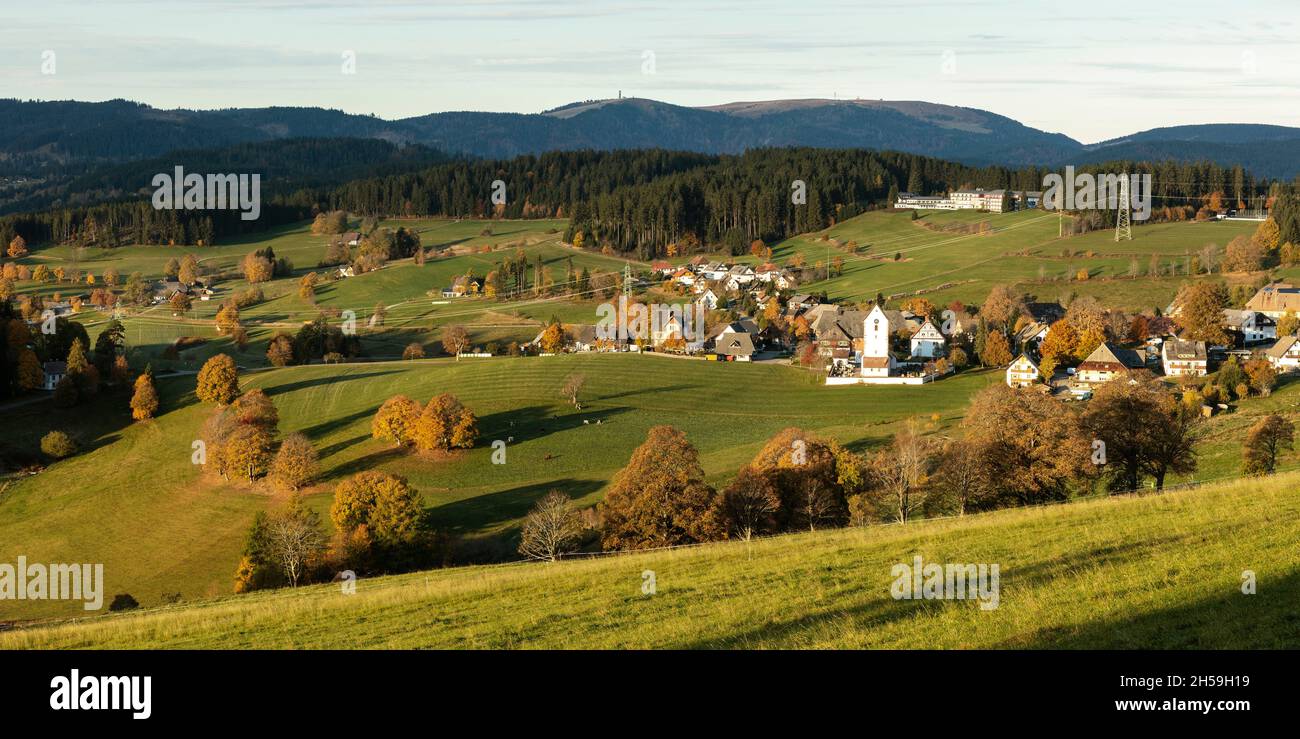 the climatic health resort Lenzkirch-Saig in the morning light, in the background the Feldberg, Black Forest, Baden-Wuerttemberg, Germany Stock Photo